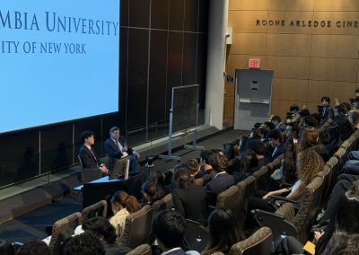 Audience of Columbia University students watching Siyang Ding interview Blair Effron in Roone Arledge Cinema