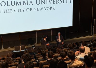 Weston Talks vice president Siyang Ding and Centerview Partners co-founder Blair Effron seated on stage under the Columbia University screen